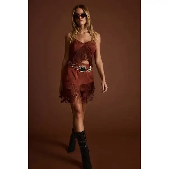 12th Tribe Tamsin Terracotta Jacquard Fringe Mini Skirt Size MM - Picture 1 of 3